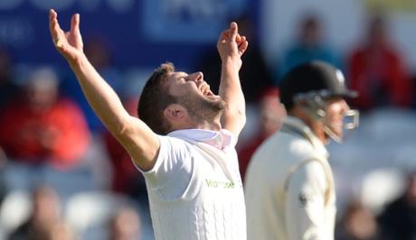 Mark Wood celebrates as he dismisses Brendon McCullum.