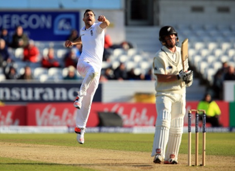 James Anderson celebrates the wicket of Luke Ronchi.
