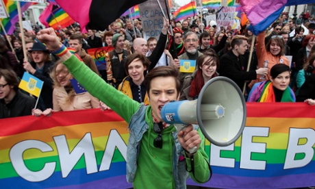 A gay rights activists march during May Day rally in St Petersburg, Russia, in 2014.