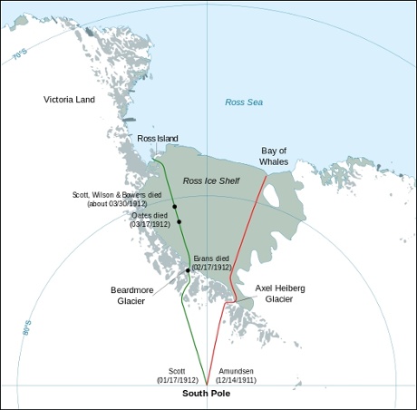 Map showing the polar journeys of the Scott's Terra Nova expedition (green) and Amundsen's expedition (red) to reach the South Pole