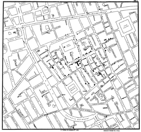 Original map by John Snow showing the clusters of cholera cases in the London epidemic of 1854, drawn and lithographed by Charles Cheffins