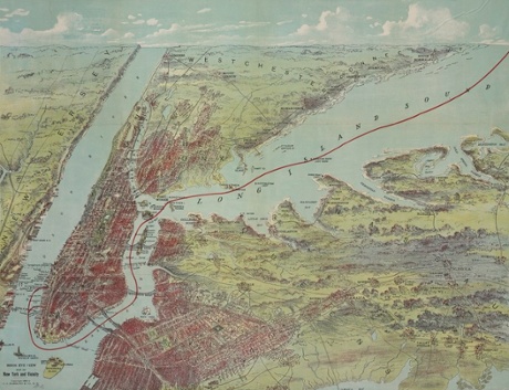 Bird’s eye view map of New York and vicinity drawn and printed by C.S. Hammond and Co. Public domain