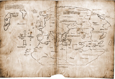 The Vinland map is purportedly a 15th century Mappa Mundi, redrawn from a 13th century original. Drawn with black ink on animal skin, if authentic the map is the first known depiction of the North American coastline, created before Columbus' 1492 voyage.