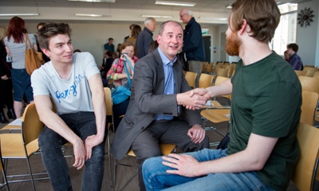 Stephen Williams, Lib Dem MP for Bristol West,  meets students Tony Cowan (left) and Ryan McMurtry during a hustings debate on education at Bristol University.