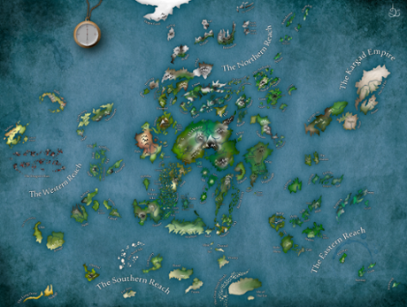 A redone version of Ursula K Le Guin's Earthsea map, drawn by Liam Davis