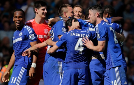 Chelsea players celebrate winning the league.
