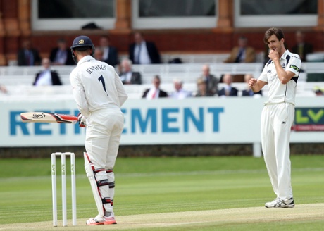 Middlesex's Steven Finn gives Durham's Keaton Jennings a stare.