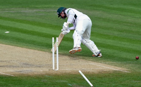Worcestershire batsman Alexei Kervezee has his leg stump removed by a ball from Somerset bowler Peter Trego.