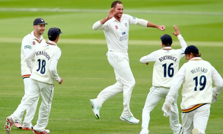 Durham celebrate with John Hastings as he gets the wicket of Ollie Rayner as Middlesex combust at Lord's.