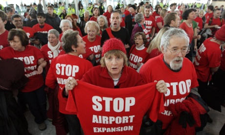 Anti-expansion protesters gather at Heathrow Terminal 5.