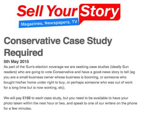 The advert called for Conservative voters to be featured in the Sun, and said they would receive a fee.