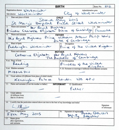 Copy of the birth certificate for Princess Charlotte of Cambridge.