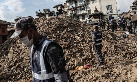 Rescue workers at Kathmandu’s Durbar Square in the aftermath of Nepal earthquake.