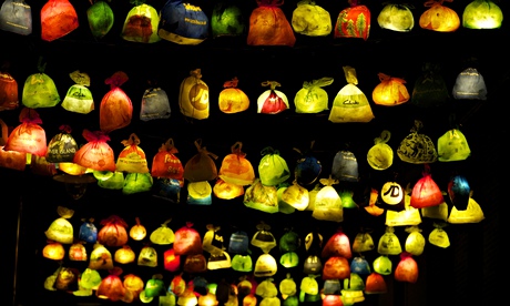 Garlands of illuminated plastic bags strung over the street in Durham