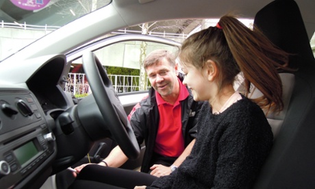 Now, those are the pedals: instructor Gary patiently talks Mary through her foot controls.