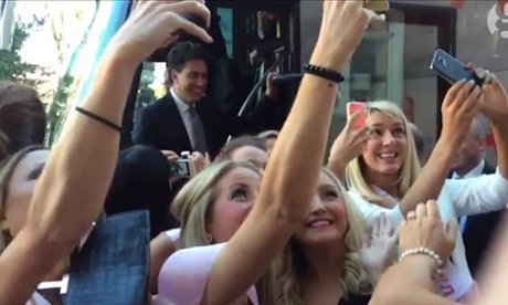 Ed Miliband coms out of his bus to discover Milifandom is a thing now.