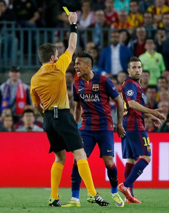 Neymar is shown a yellow card.