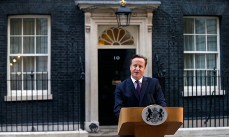 Britain's Prime Minister David Cameron speaks to members of the media in front of 10 Downing Street in London