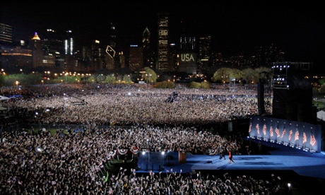 Barack Obama and family wave to the crowd at Grant Park in 2008 after his victory in the presidential election.