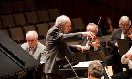 Pierre Boulez conducting Daniel Barenboim and and Staatskapelle Berlin in rehearsal at the Royal Festival Hall, June 2011.