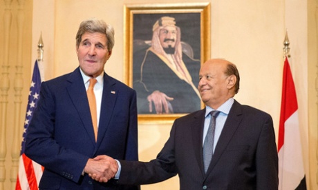 John Kerry shakes hands with Yemen's exiled president Abd-Rabbu Mansour Hadi in Riyadh.
