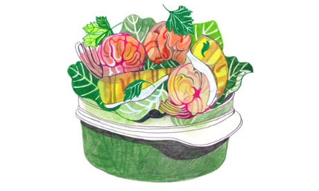 An illustration of some Greek-style prawn and halloumi salad
