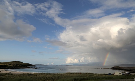 A storm sweeps across Gruinard Bay as seen from the rear of Mellon Udrigle beach.