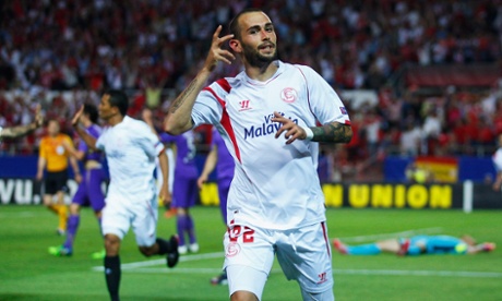 Aleix Vidal of Sevilla celebrates scoring his second goal.
