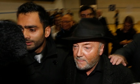George Galloway, right, arrives for the count in Bradford. His Labour rival, mental health campaigner Naz Shah, won Bradford West with a majority of 11,420.