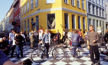 Cyclists and pedestrians in the Latin Quarter of central Copenhagen.