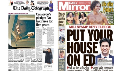 The Daily Telegraph's sales were up slightly in April, while those for the Daily Mirror dropped marginally