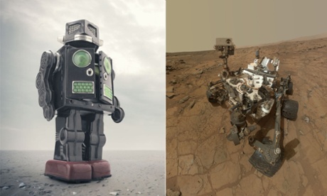 A walking Mars man robot v the Mars Rover.