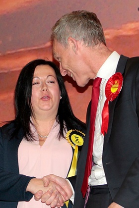 Scottish Labour leader Jim Murphy congratulates the new MP for East Renfrewshire, the SNP's Kirsten Oswald