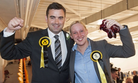 Newly elected Scottish National Party MP Mhairi Black with fellow SNP Gavin Newlands on election night.