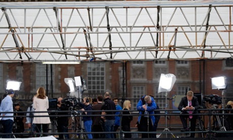 The BBC news team on their podium on College Green.