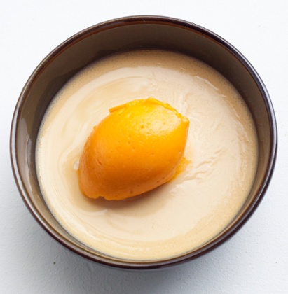 dandelion coffee cream with sea buckthorn sorbet.