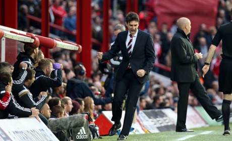 Aikor Karanka, Manager of Middesbrough celebrates after Boro score the opening goal.