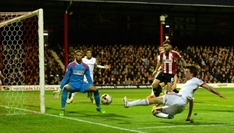 Patrick Bamford fires just wide .