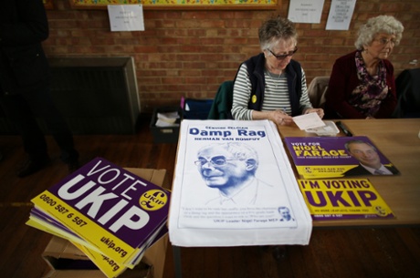 Tea towels featuring Herman Van Rompuy, president of the European Council, on sale at a Ukip election meeting in Ramsgate, Kent, in the South Thanet constituency.