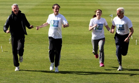 Jonathan Edwards playing guide to Noel Thatcher, and Standard Chartered's CEO for Europe Richard Holmes guiding Libby Clegg at the event this morning