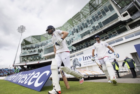 England's Adam Lyth and Alastair Cook, right, take to the field to bat as England attempt to rewrite Test cricket history.