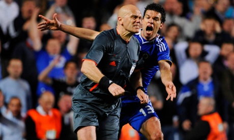 Ballack complains to the referee, Tom Henning Ovrebo after one of his controversial decisions in the 2009 semi-final against Barcelona. The midfielder says that year was more of a 'missed opportunity' for him than the two finals he lost.