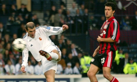 Michael Ballack can only watch as Real Madrid's Zinedine Zidane scores the brilliant winning goal to defeat Bayer Leverkusen in the 2002 Champions League final at Hampden Park. Photograph: Gerry Penny/EPA