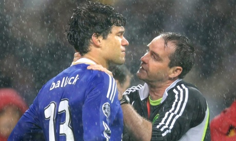 Ballack consoled by Chelsea's assistant coach Steve Clarke after the penalty shootout defeat to Manchester United in the 2008 final in Moscow.