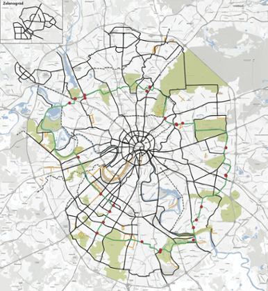 Генплан велоинфраструктуры Москвы на 2020 год: желтым отмечены уже существующие дорожки, зеленым - планируемое “зеленое кольцо”, черным нарисованы маршруты, планирующиеся к строительству до 2020 года, пунктирные линии показывают дорожки, которые появятся уже после 2020 года. Иллюстрация: Департамент транспорта Москвы