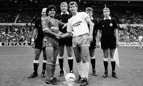 World XI captain Diego Maradona, left, meets Football League XI skipper Bryan Robson before their Football League Centenary match at Wembley on 8 August 1987.