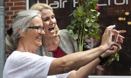 Helle Thorning-Schmidt poses for a selfie with a voter in Ringsted
