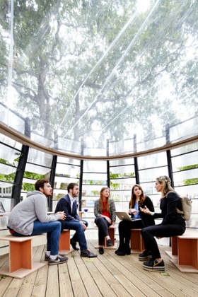 Thinking inside the box ... workers try out the pop-up office.