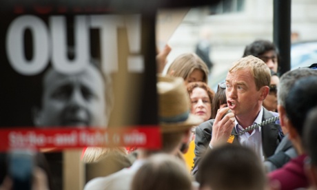 Tim Farron taking part in a protest last month against the Conservative government's proposal to scrap the Human Rights Act.