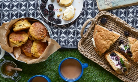 Spelt, blackberry and lemon-cream shortcake (a bit like a scone) and unusual saffron, honey and sultana scones.